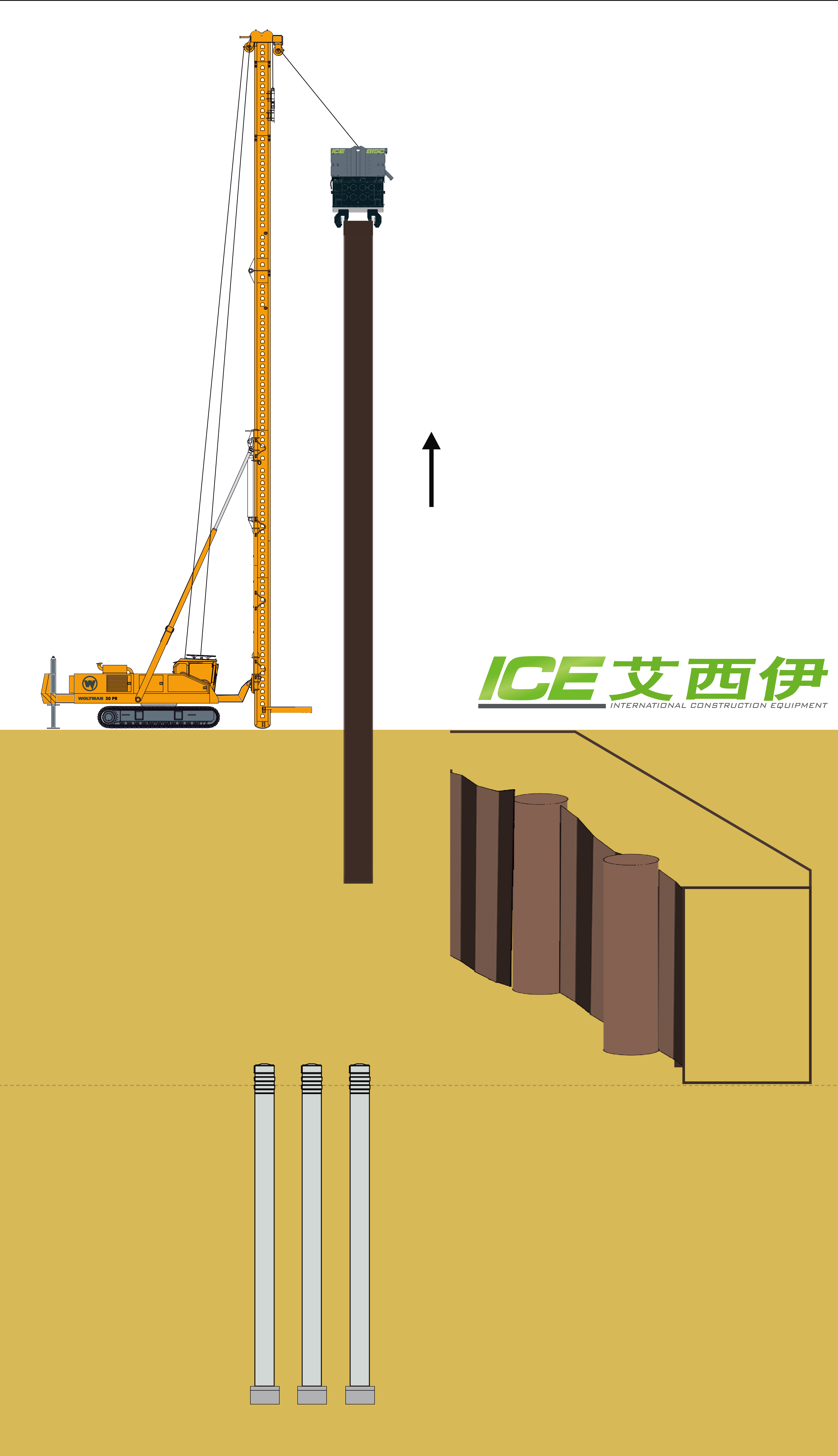 ICE，混凝土预制桩，基坑挖掘，液压振动锤，功法