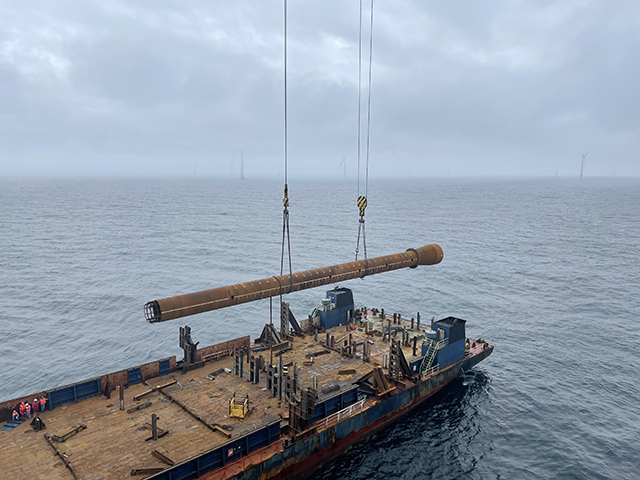 pile frame legs for offshore wind turbine foundation positioning frame hoisted