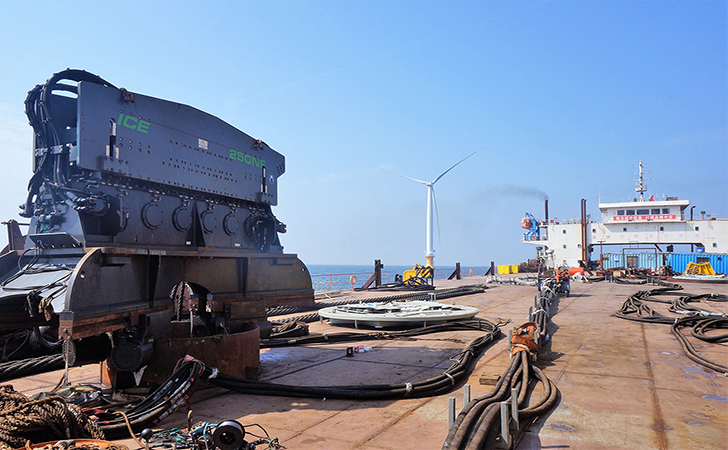 Four-legged frame positions mono piles at Liaoning Province Offshore Windfarm